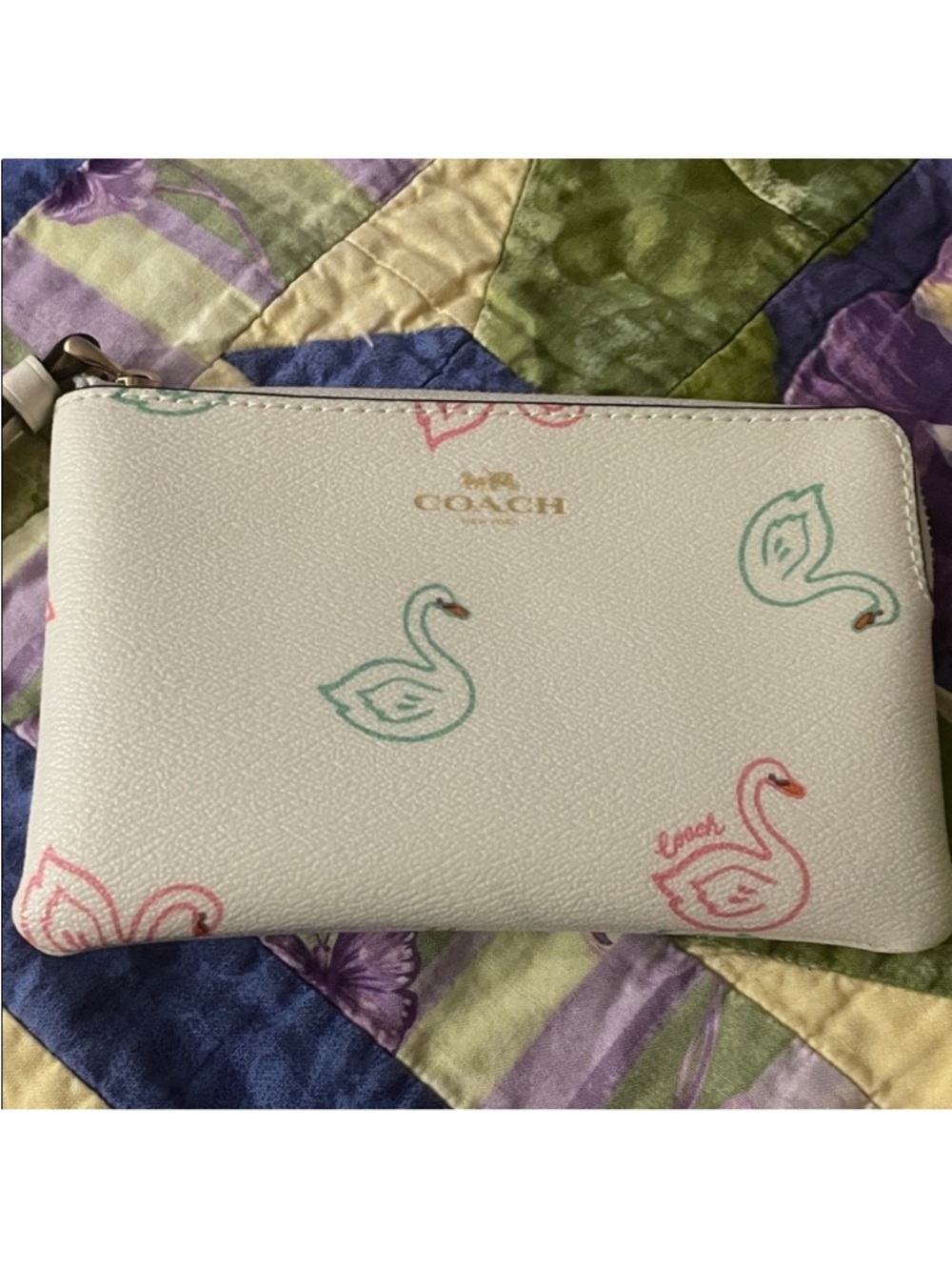 Coach White Leather Wristlet with Pastel Swan Motif